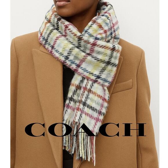 Coach Poppy Plaid Tattersall Fringe Muffler Wool Cashmere Oblong Knit Scarf Wrap - Picture 1 of 7